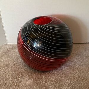 Hand Blown Modern Red and Black Glass Vase, swirls, heavy